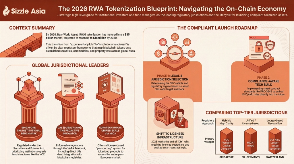 Infographic: The institutional tokenization stack — legal wrapper, identity standard, custody resilience, cash leg, and interoperability.