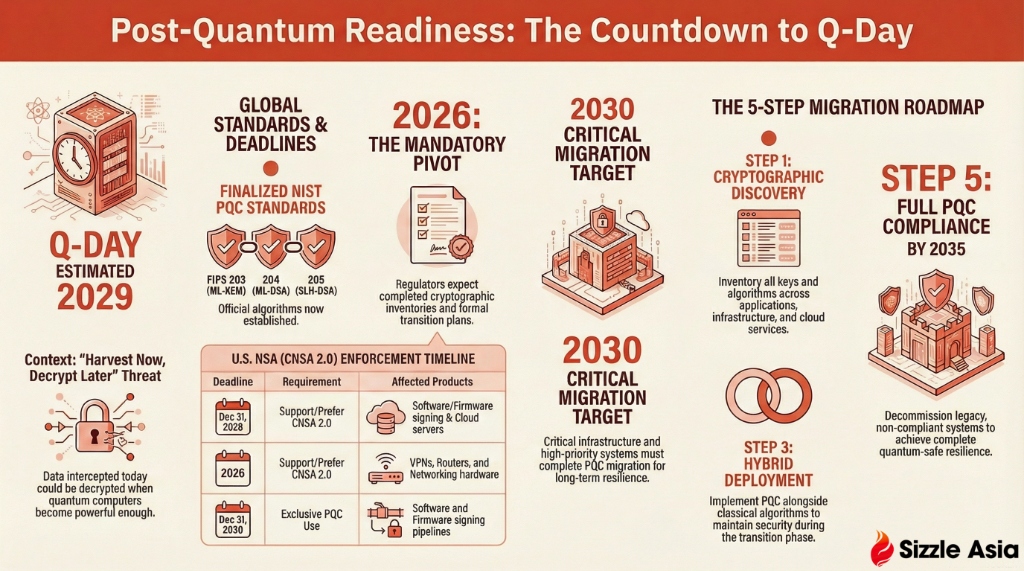 Infographic: The PQC migration playbook — CBOM inventory, long-secret prioritization, hybrid deployments, and vendor compliance gates.